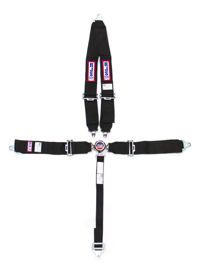 RJSHarness, 5 Point, Camlock, SFI 16.1, Pull Down Adjust, Bolt-In, V-Type Harness, Red, Black and Blue Kit