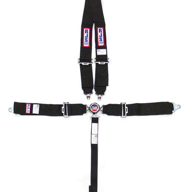 RJSHarness, 5 Point, Camlock, SFI 16.1, Pull Down Adjust, Bolt-In, V-Type Harness, Red, Black and Blue Kit